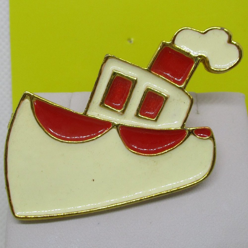 Enamel Boat Brooch Heavy Enamel Ship Brooch Red White Enamel Gold Tone Metal